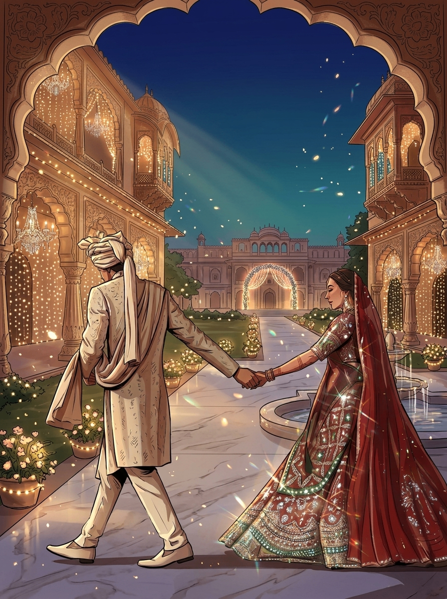 Animated Indian wedding invite — bride and groom at a palace